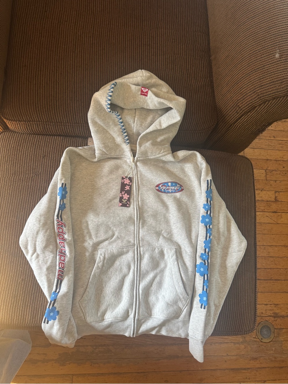 Madhappy x ROXY Gray Zip-Up Hoodie with Blue Floral Trim NWT